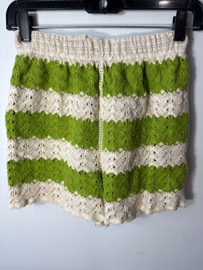 Rebellion Crochet Wave-Striped Shorts in Cream and Green